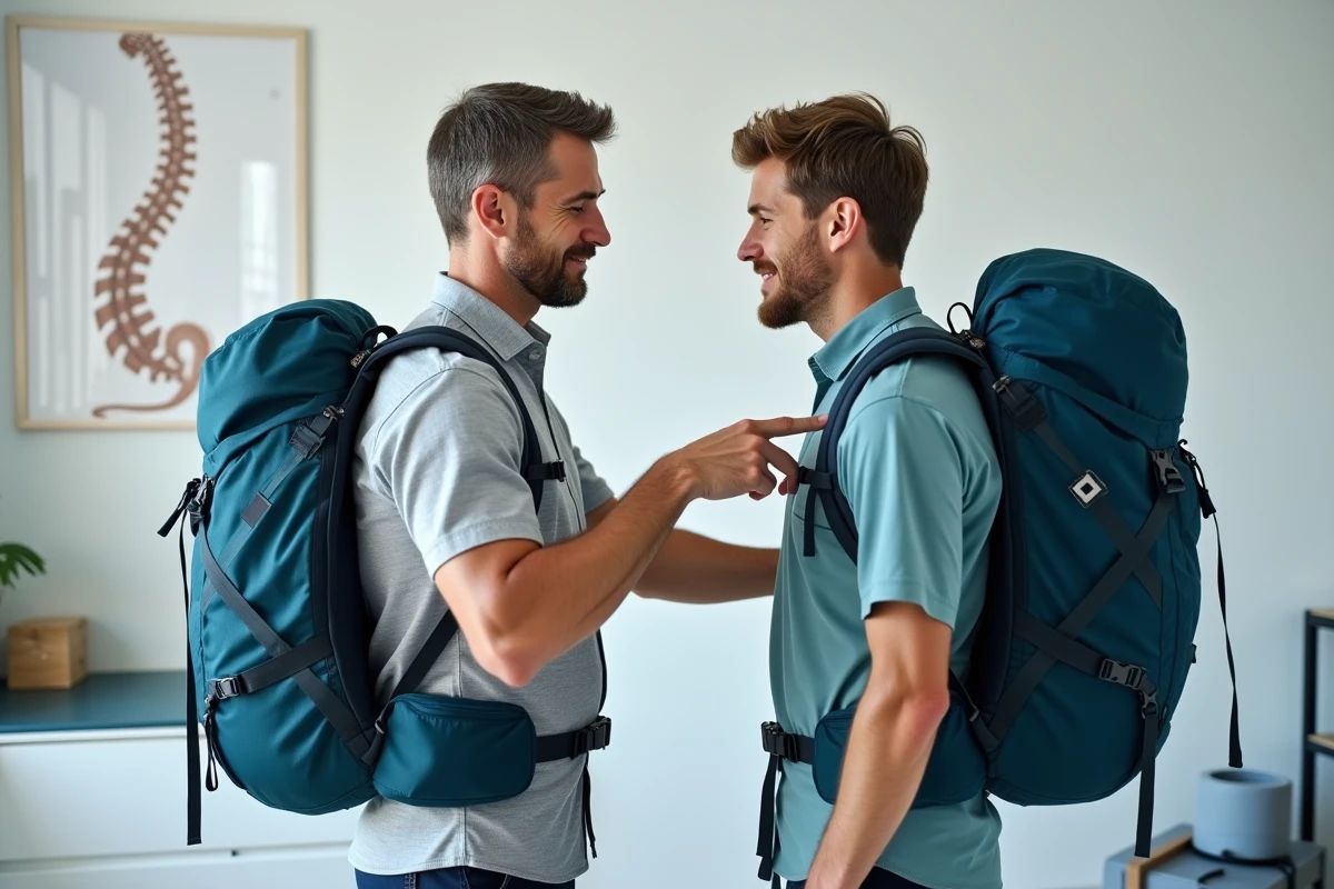 Kinésithérapeute expliquant le réglage d'un sac à dos 70L pour prévenir les douleurs dorsales lors de la randonnée longue distance