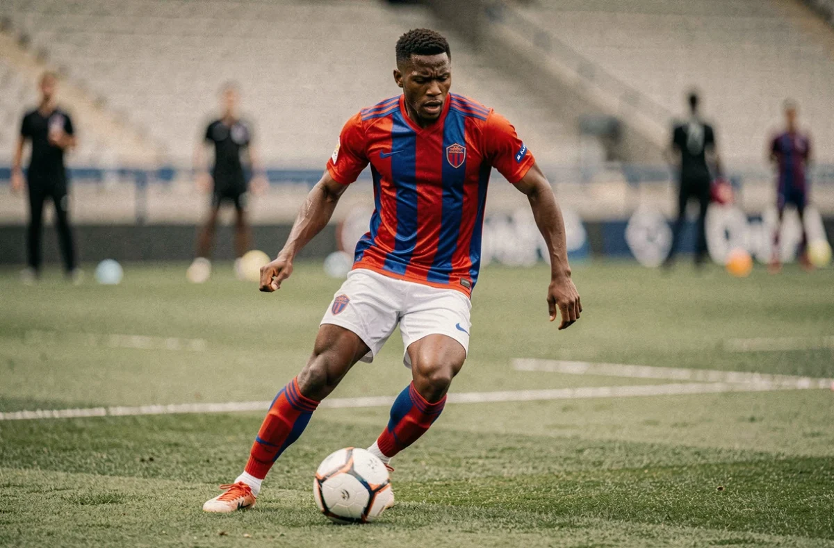 Joueur de football du PSG en action lors d'un entraînement, illustrant la lutte pour une place de titulaire indiscutable