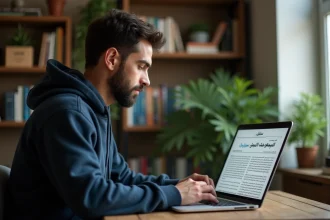 Homme lisant le journal Competition DZ en PDF sur un ordinateur portable dans un bureau à domicile