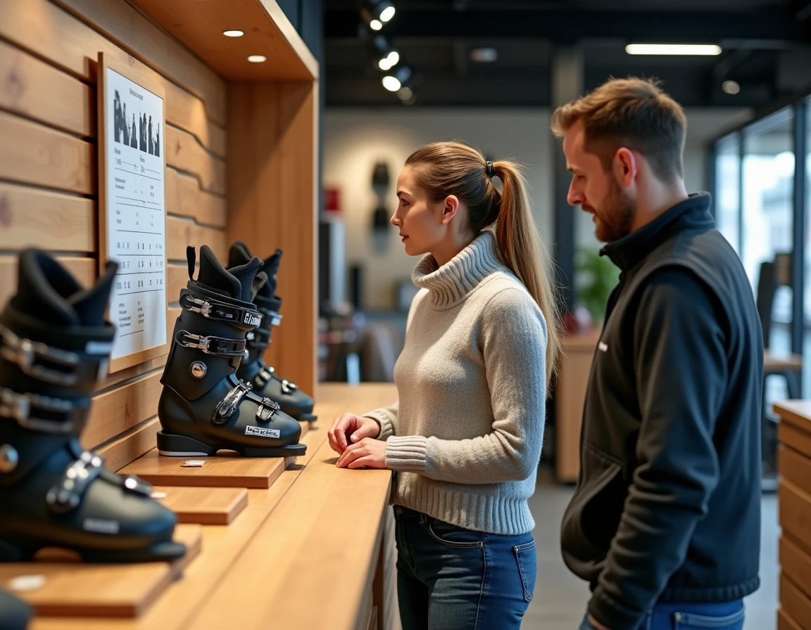 Femme en magasin de ski comparant des modèles de patinettes ski et vérifiant la compatibilité avec ses chaussures de ski