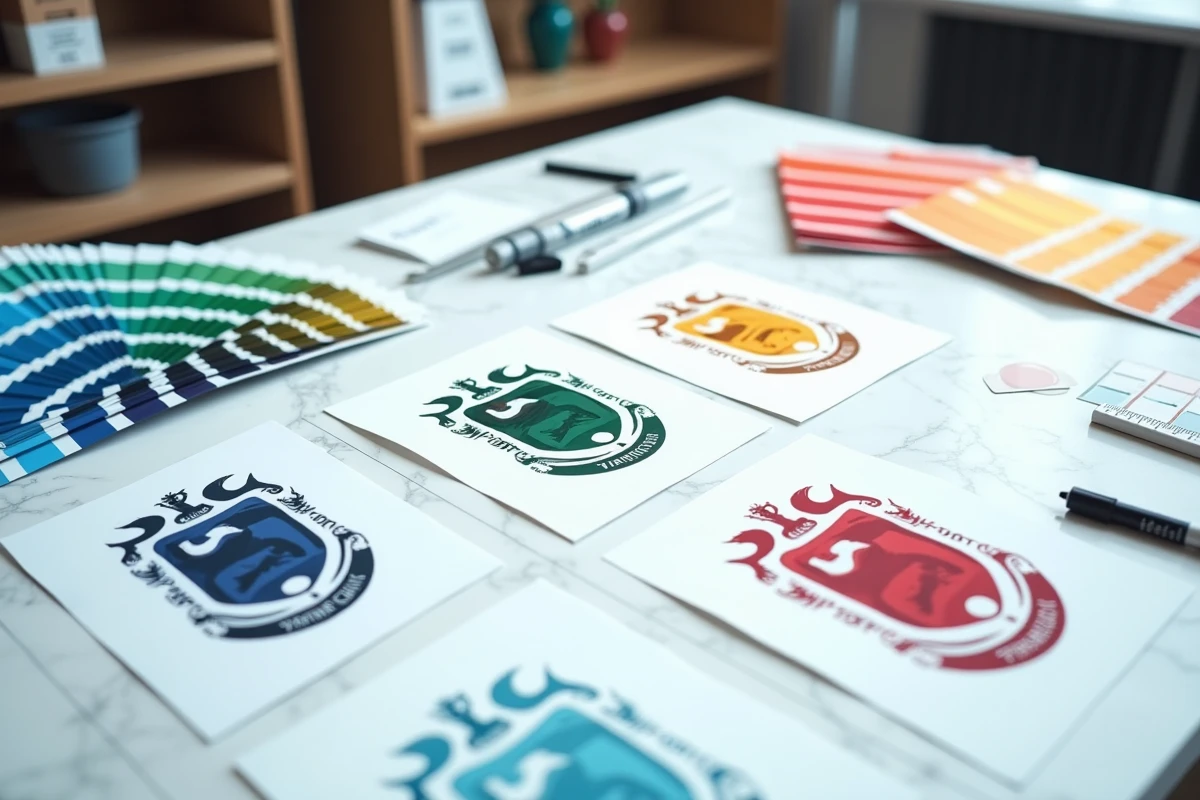 Vue aérienne de maquettes de logos de football en différentes couleurs avec des nuanciers Pantone et des notes de design sur une table de studio