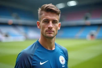 Portrait de Matthis Abline jeune footballeur professionnel sur un terrain de football
