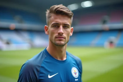 Portrait de Matthis Abline jeune footballeur professionnel sur un terrain de football