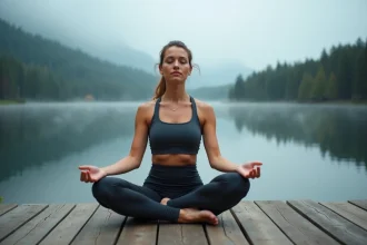 Femme pratiquant la méditation en plein air sur un ponton en bois face à un lac de montagne lors d'un séjour sport et bien-être