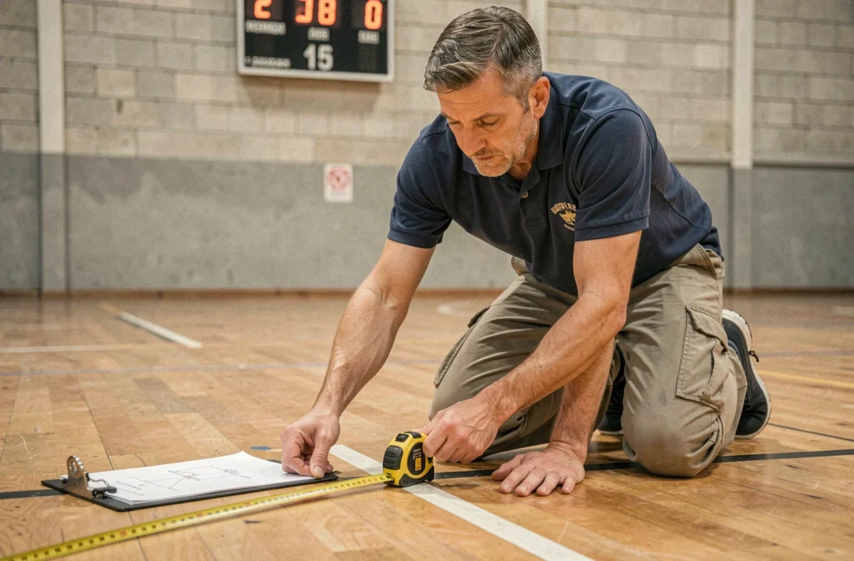 Bénévole de club amateur mesurant les dimensions réglementaires d'un terrain de handball avec un mètre ruban