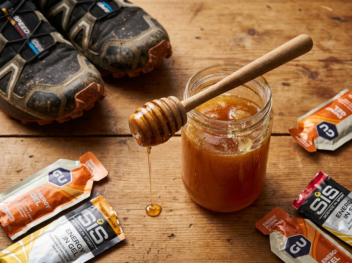 Gros plan sur un pot de miel brut et des gels énergétiques pour coureurs disposés sur une table en bois rustique