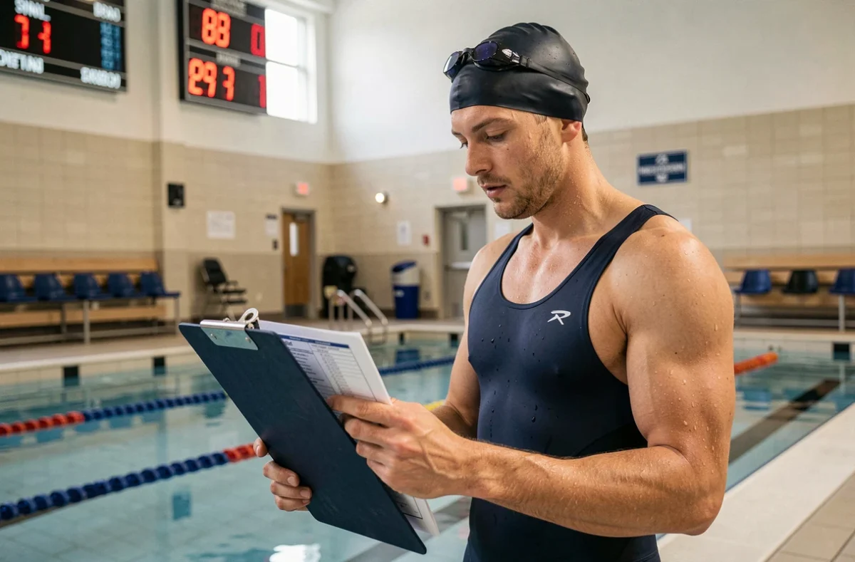 Nageur adulte en maillot de compétition consultant son programme d'entraînement au bord du bassin d'une piscine municipale couverte