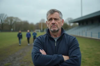 Père inquiet sur le bord d'un terrain de rugby regardant son fils s'entraîner, illustrant les risques du sport de contact pour les jeunes