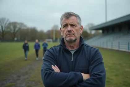 Père inquiet sur le bord d'un terrain de rugby regardant son fils s'entraîner, illustrant les risques du sport de contact pour les jeunes