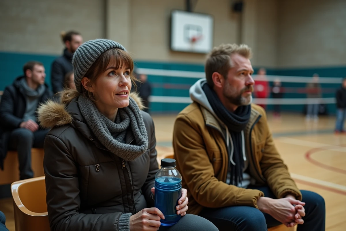 Couple de parents anxieux assis dans les gradins d'un gymnase pendant un match de boxe de leur enfant, évoquant les inquiétudes liées aux sports de combat