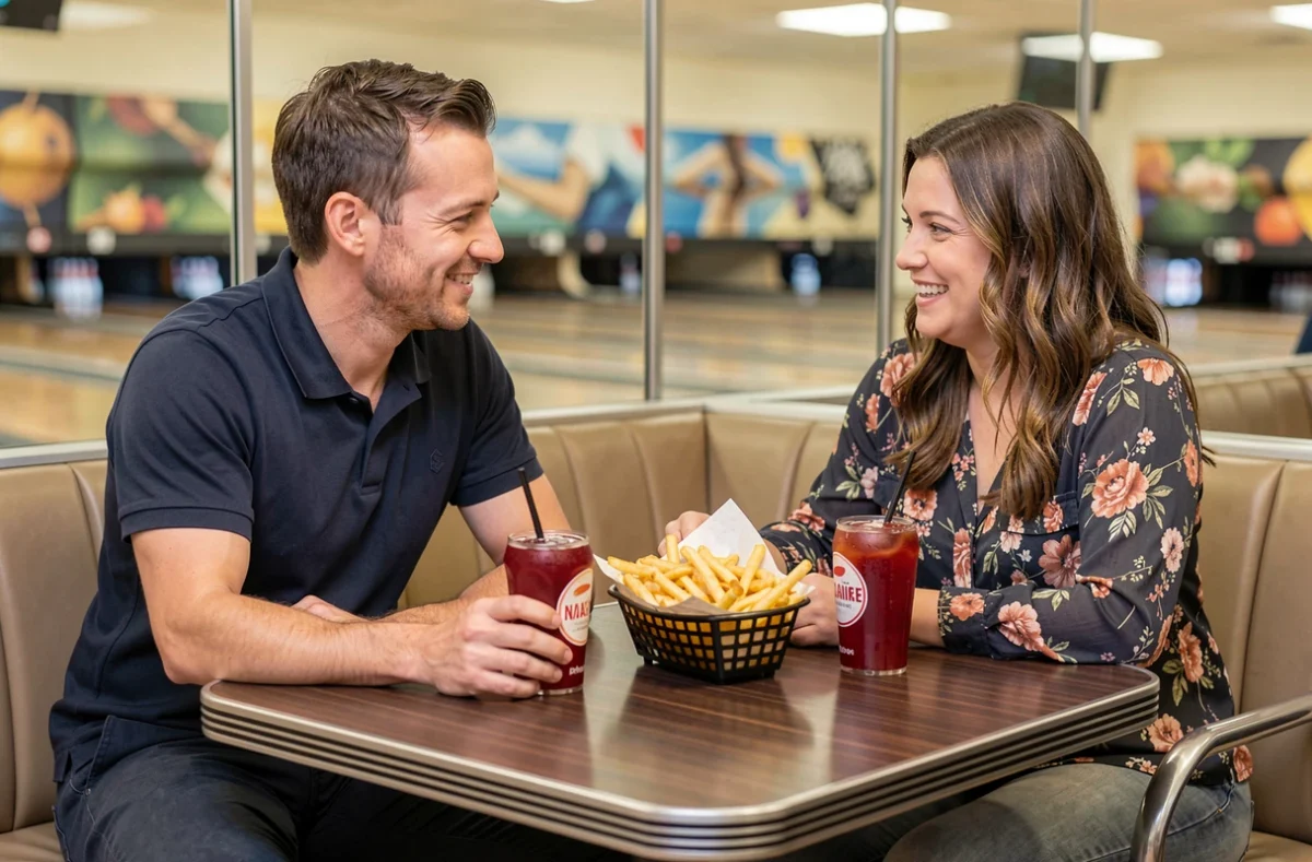 Couple partageant une collation au restaurant du bowling Planet Bowling Lomme lors d'une sortie en amoureux