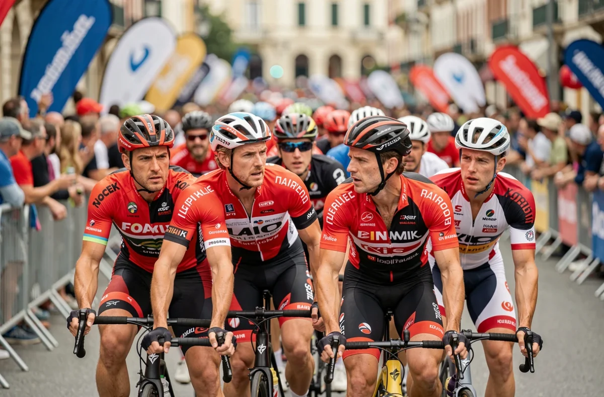 Groupe de cyclistes professionnels en pleine course sur route européenne illustrant la rivalité au sein du peloton 2026