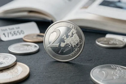 Pièce de 2 euros JO 2026 en gros plan sur ardoise sombre avec catalogue numismatique