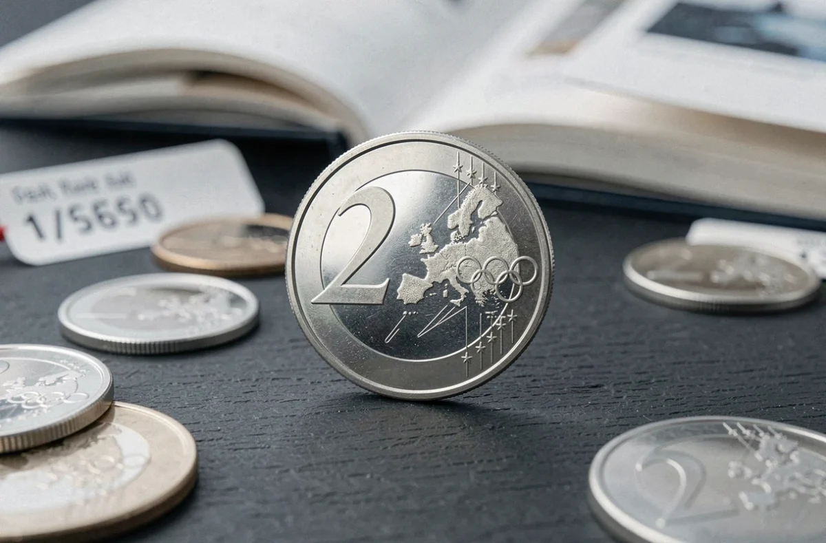 Pièce de 2 euros JO 2026 en gros plan sur ardoise sombre avec catalogue numismatique