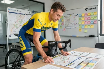 Cycliste professionnel étudiant le calendrier de compétition 2026 dans une salle de stratégie d'équipe cycliste