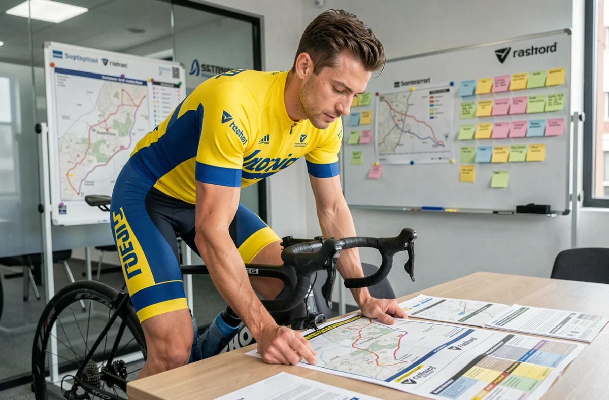 Cycliste professionnel étudiant le calendrier de compétition 2026 dans une salle de stratégie d'équipe cycliste