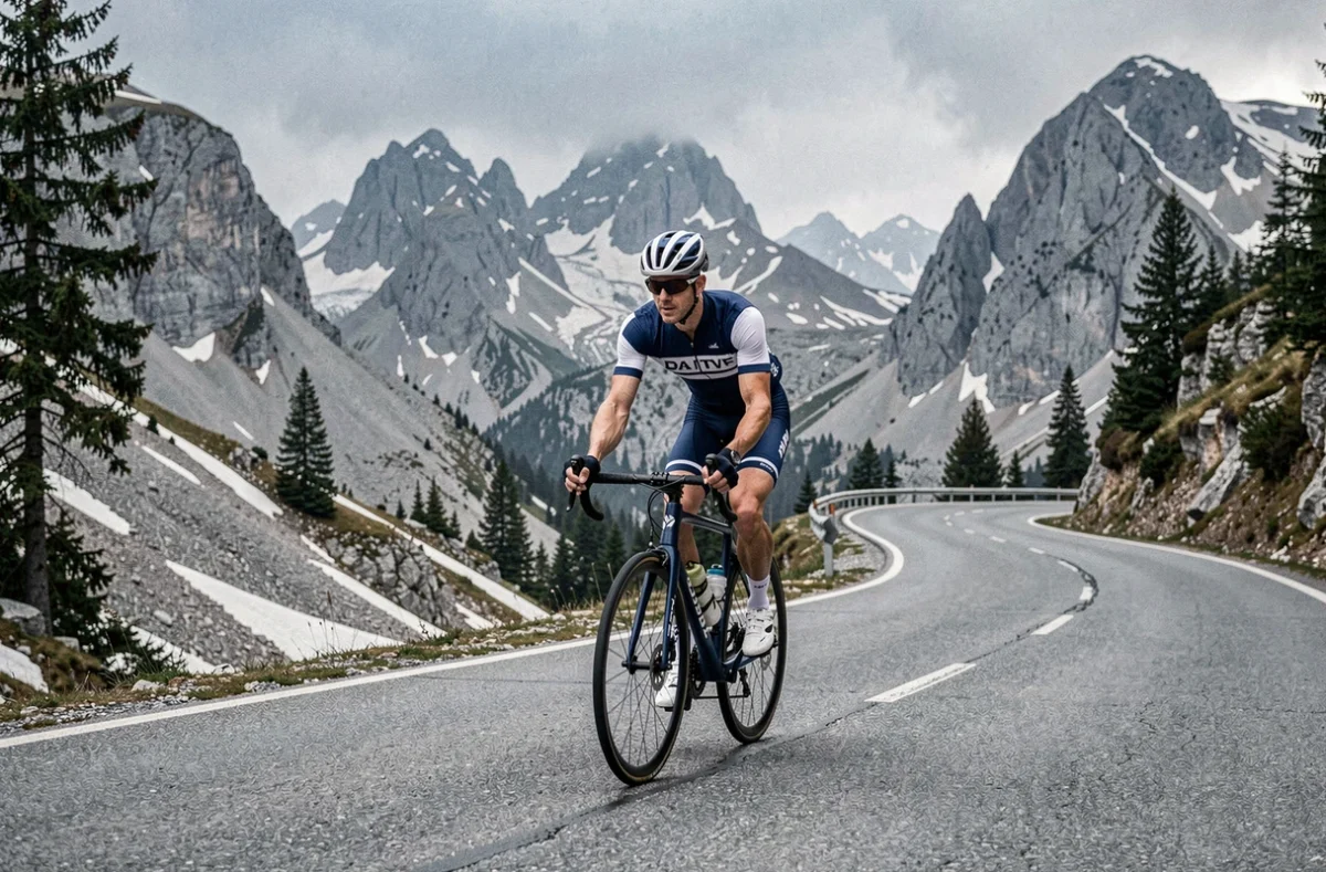 Cycliste de haut niveau s'entraînant seul sur une route alpine en préparation de sa saison 2026