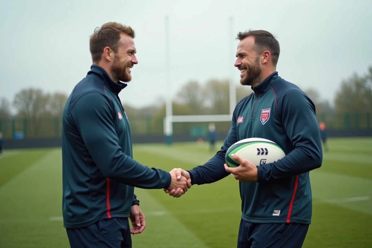Deux joueurs de rugby se serrant la main sur un terrain d'entraînement lors d'un transfert en National 2