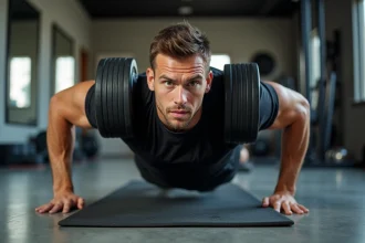 Athlète masculin effectuant une pompe lestée avec un disque de musculation sur le dos dans une salle de sport à domicile