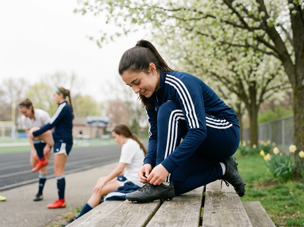 Jeune fille en survêtement nouant ses chaussures de foot