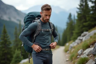 Randonneur ajustant la ceinture lombaire d'un sac à dos 70L sur un sentier de montagne pour soulager son dos fragile