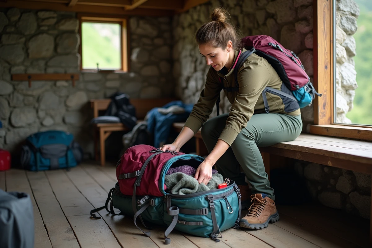 Randonneuse reorganisant son sac à dos 70L dans un refuge de montagne pour mieux répartir le poids et protéger son dos
