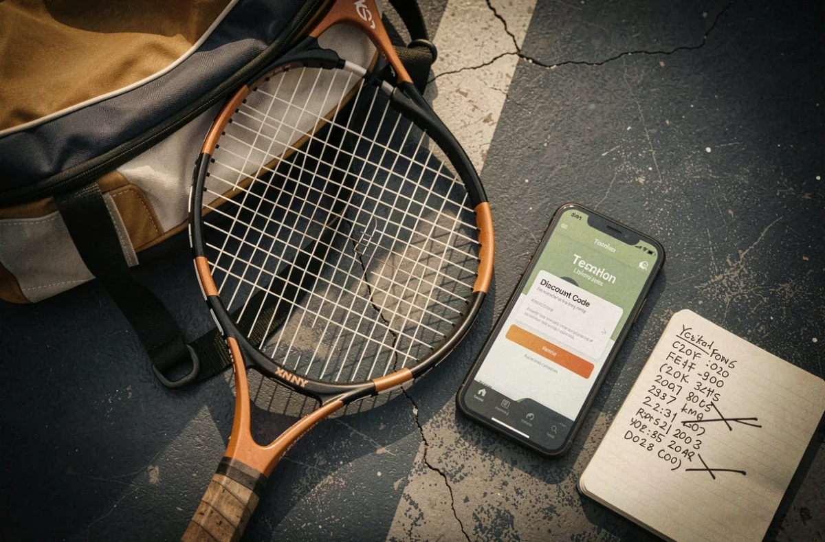 Raquette de tennis et smartphone affichant un code de réduction sur une application, posés sur le sol d'un court