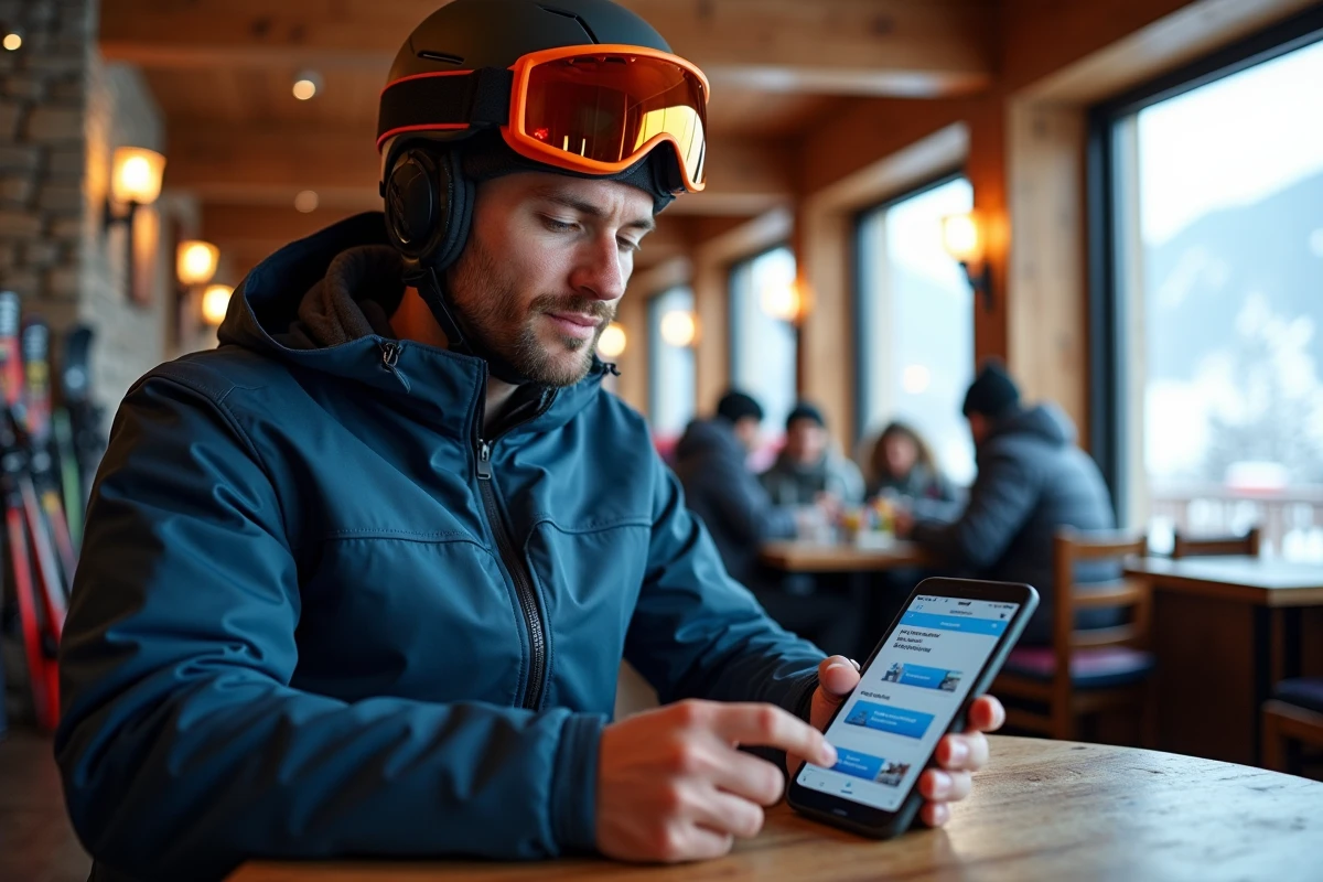 Skieur consultant les tarifs low cost de La Plagne sur son téléphone dans une cafétéria de station de ski