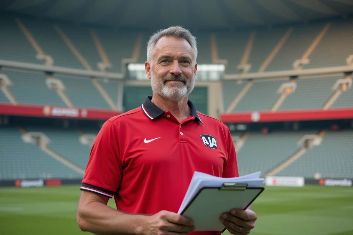 Représentant de la communauté AJA 1905 devant le stade de l'AJ Auxerre tenant des documents de l'association de supporters