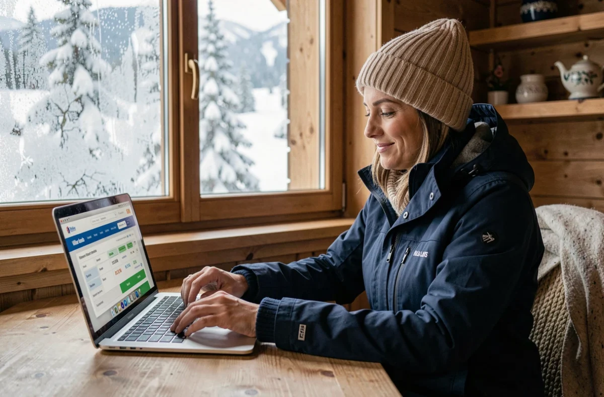 Femme réservant un forfait ski Villard de Lans en avance sur son ordinateur dans un chalet alpin