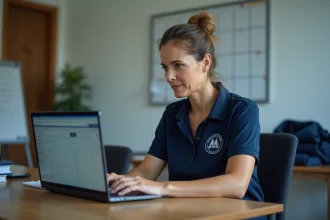 Responsable de club de judo gérant les licences sur l'extranet fédéral depuis un bureau associatif