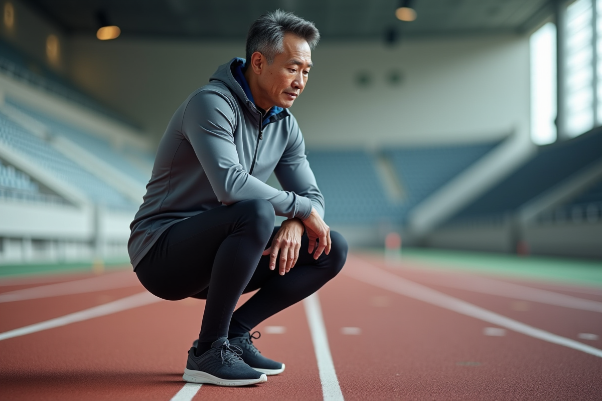 Homme coureur en intérieur dans un stade en pause