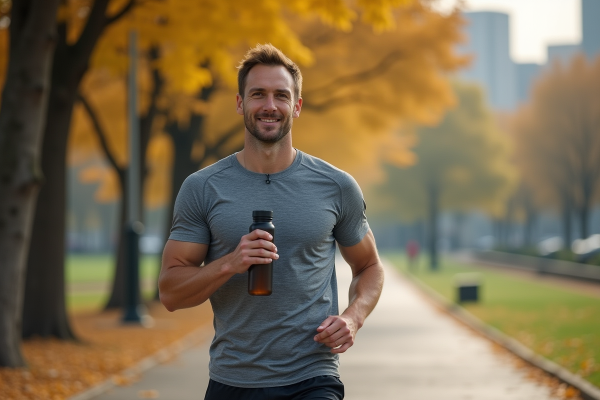 Homme course dans un parc en automne avec bouteille d