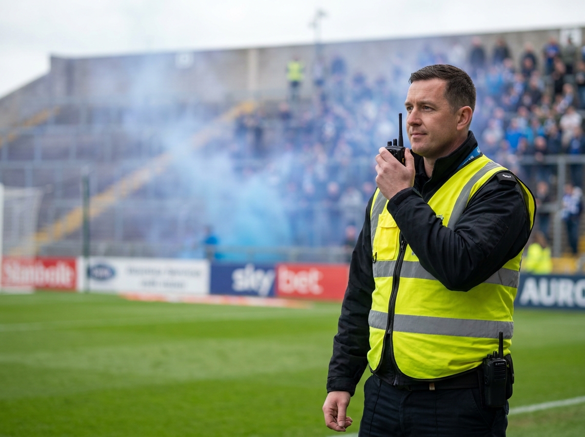 Agent de sécurité de stade surveillant des fumigènes de supporters depuis le bord du terrain lors d'un match de football