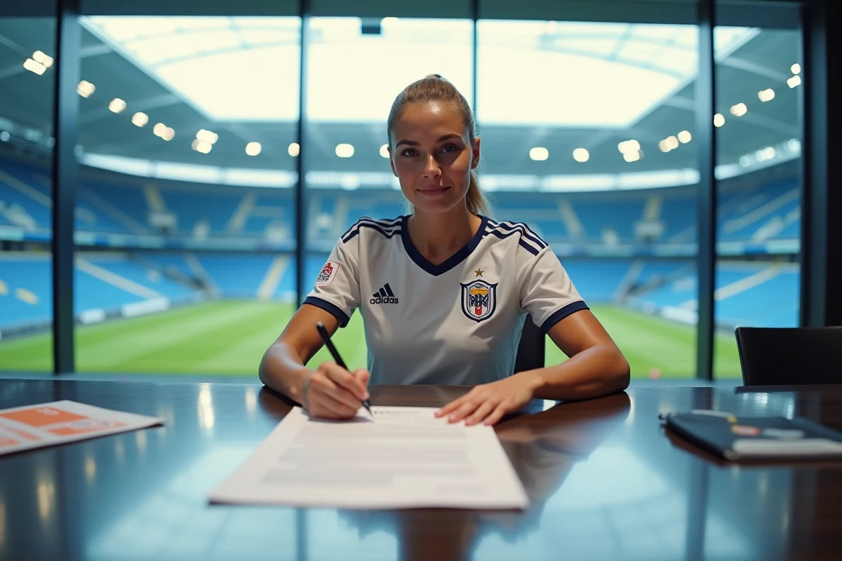 Joueuse professionnelle de football féminin signant un contrat lors du mercato 2026 dans les bureaux modernes d'un club de D1 féminine