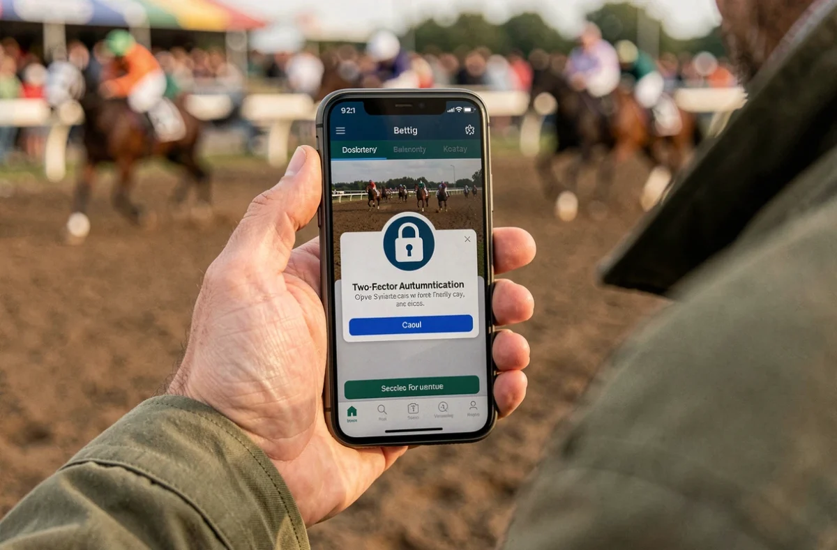Gros plan d'un smartphone affichant une application de paris au trot avec authentification sécurisée, hippodrome en arrière-plan