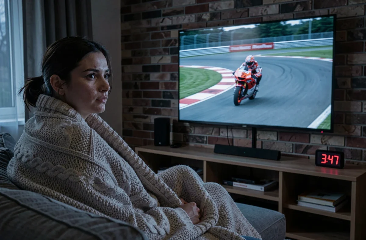 Spectatrice regardant une course MotoGP en pleine nuit à cause du décalage horaire