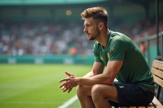 Joueur remplaçant assis sur le banc de touche lors d'un match de football amateur, concentré et prêt à entrer en jeu
