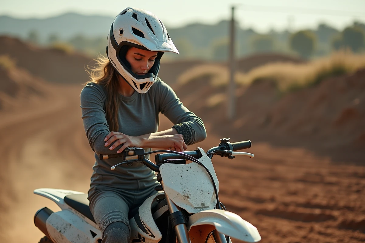 Jeune femme motocrossiste examinant une blessure après une chute sur un circuit en terre, symbolisant les dangers du sport mécanique extrême