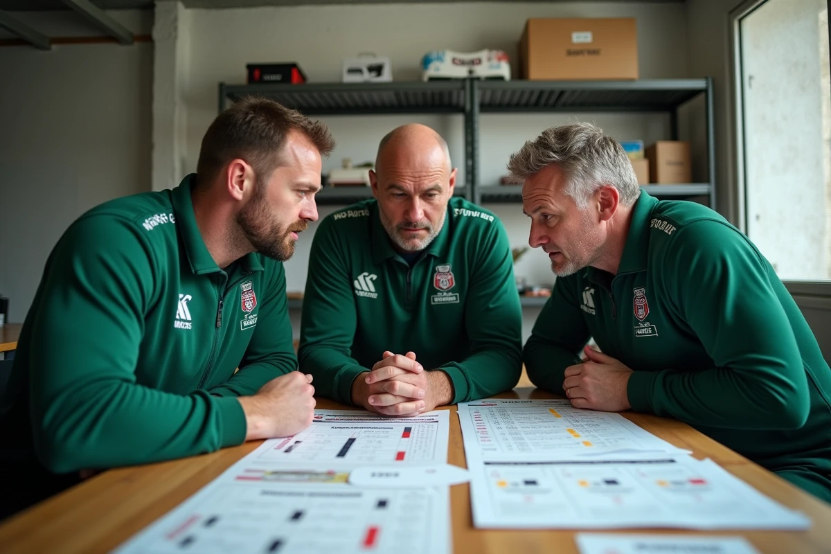 Staff technique d'un club de rugby Fédérale 2 analysant ensemble le planning et les dates de matchs de la saison 2026