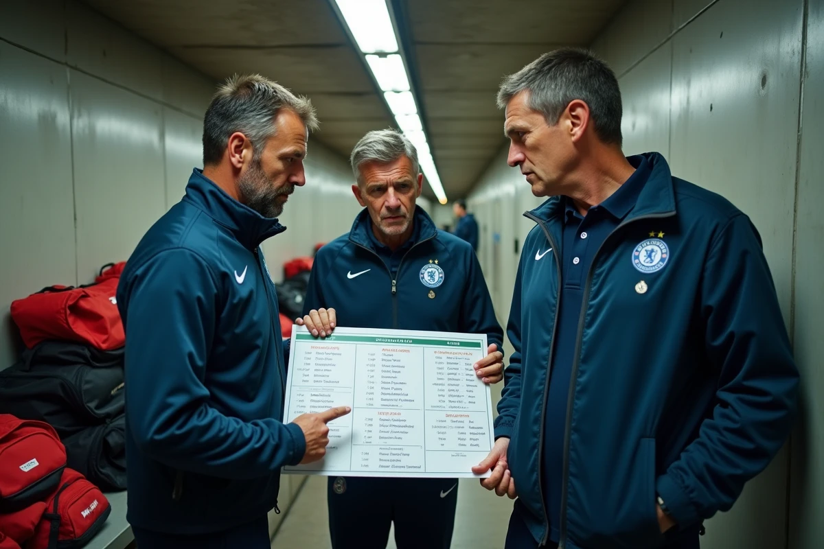 Staff technique d'une &eacute;quipe A-League analysant le classement dans le couloir d'un stade australien, sc&egrave;ne r&eacute;aliste de lutte pour le maintien