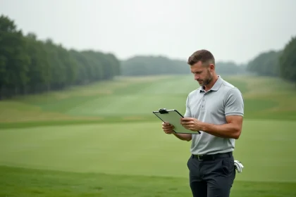 Golfeur étudiant un plan de parcours stratégique sur le fairway d'un golf