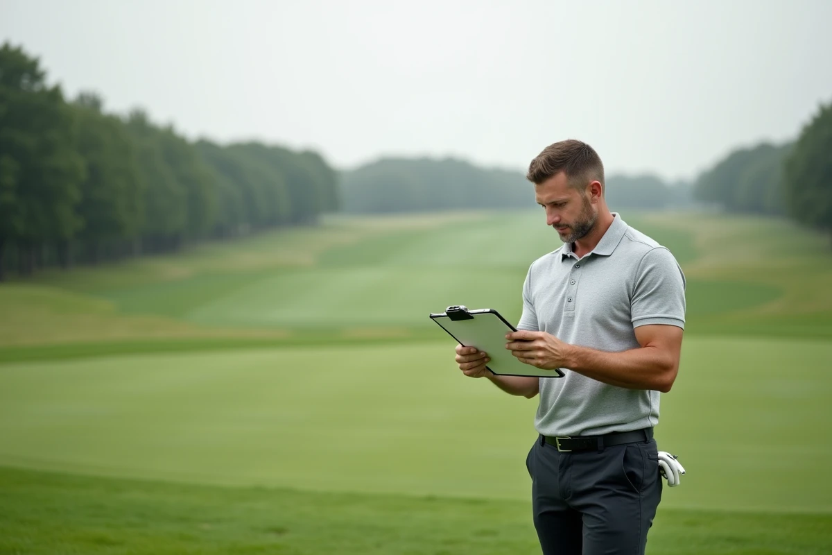 Golfeur étudiant un plan de parcours stratégique sur le fairway d'un golf