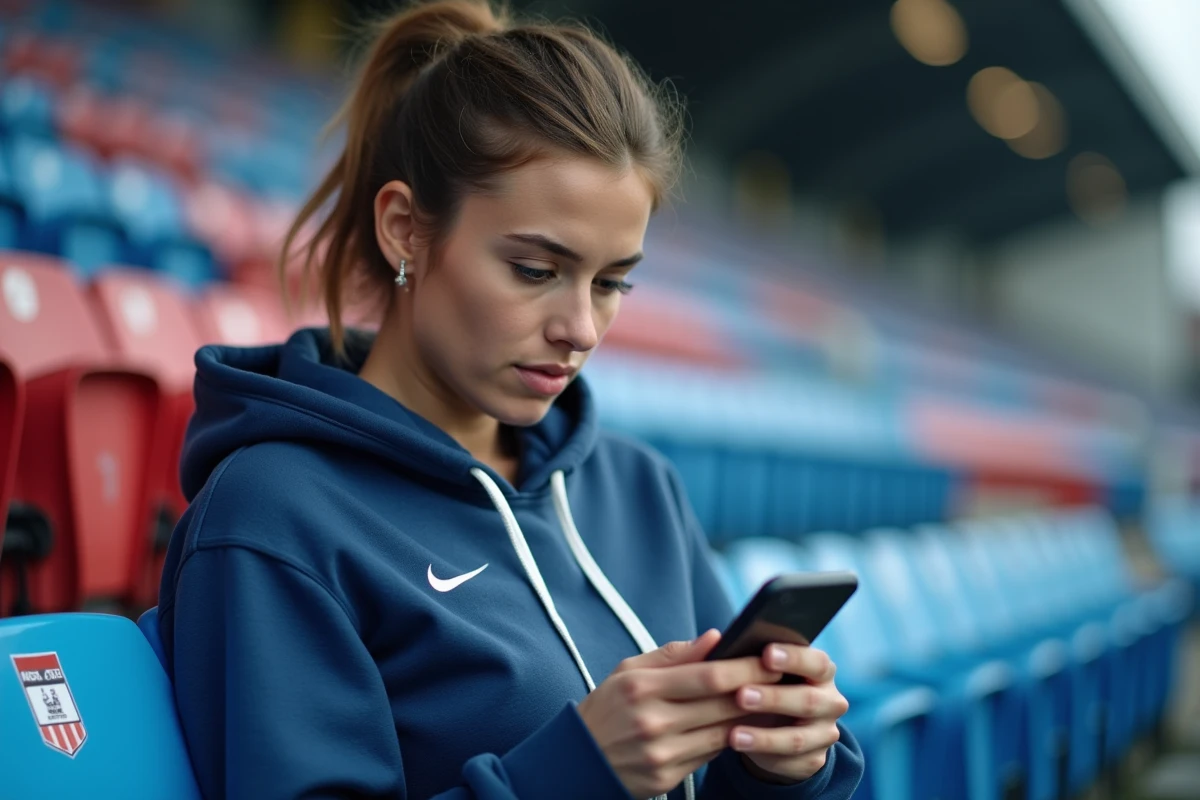 Femme qui suit le classement de son &eacute;quipe de district sur smartphone dans un stade