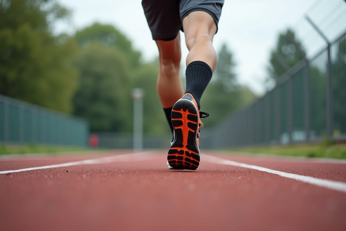 Coureur en plein effort sur une piste d'athlétisme montrant une supination du pied lors de la foulée, vue en angle bas