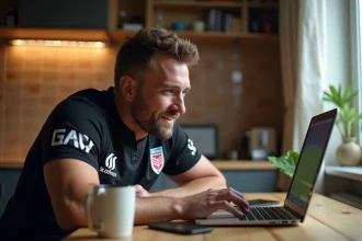 Supporter du CA Brive suivant un match en direct sur son ordinateur portable depuis chez lui