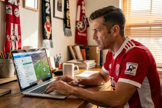Supporter du Stade Brestois 29 suivant le live d'un match sur un forum en ligne depuis son bureau à domicile
