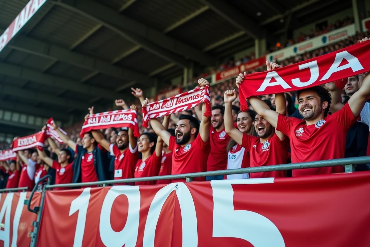 Supporters de la communauté AJA 1905 dans les tribunes du stade d'Auxerre lors d'un match à domicile avec tifo et écharpes