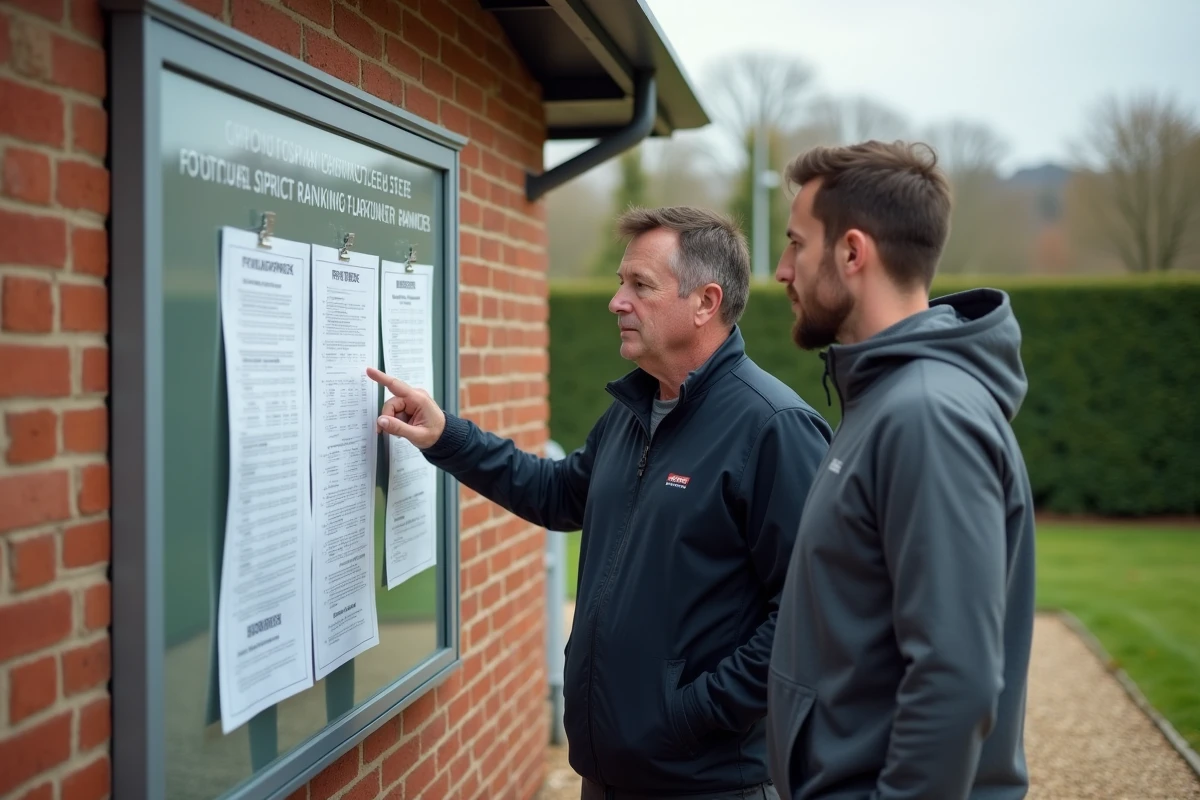 Deux supporters analysant le classement de district affich&eacute; sur un panneau de club de football
