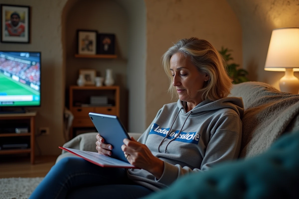 Supportrice du CA Brive parcourant les actualités de la saison sur une tablette depuis son salon